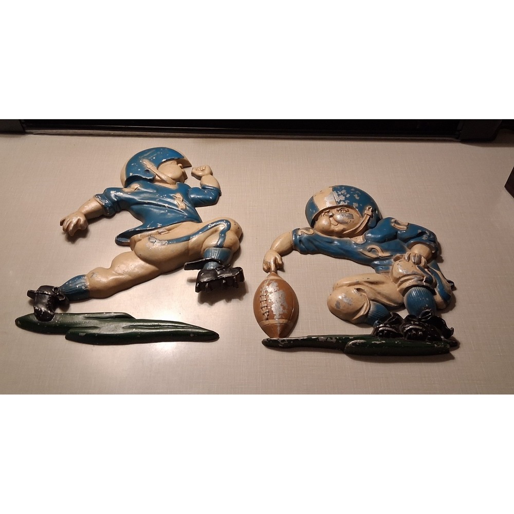Vintage 1976 HCM Cast Aluminum Football Player Wall Plaques Pair USA
